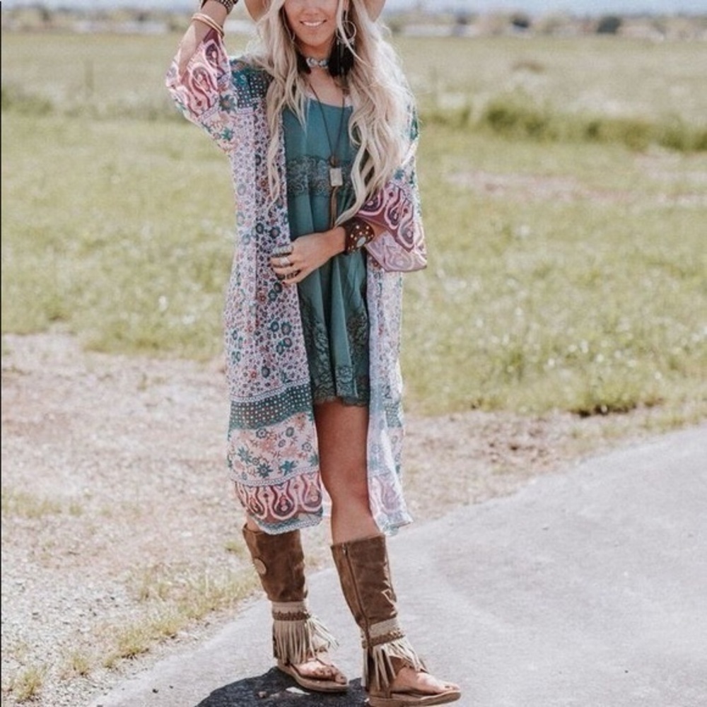 Large Kimono Floral Teal and White Women's  Boho Sheer